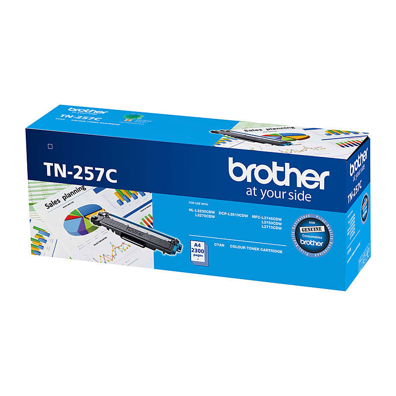 Brother TN-257 Cyan Toner Cartridge – high-yield 2,300-page toner for vivid, fade-resistant prints. Genuine Brother toner for HL & MFC colour laser printers.