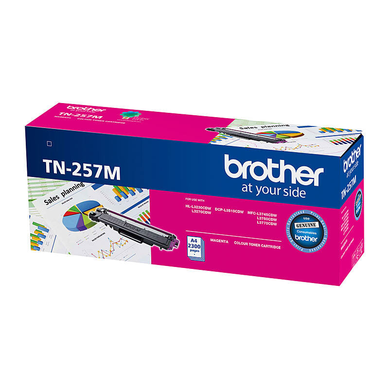 Brother TN-257 Magenta Toner Cartridge – high-yield 2,300-page toner for vivid, fade-resistant colour prints. Genuine Brother toner for HL & MFC colour laser printers.