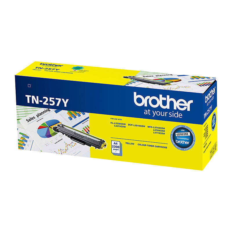 Brother TN-257 Yellow Toner Cartridge – high-yield 2,300-page toner for bright, fade-resistant colour prints. Genuine Brother toner for HL & MFC colour laser printers.