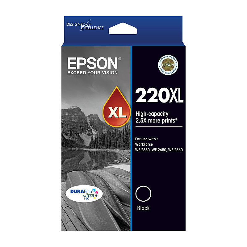 Buy Epson 220XL Black Ink Cartridge. Genuine high-yield ink for XP and WF printers — deep black, smudge-resistant and long-lasting professional results.