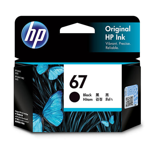 The HP 67 Black Ink Cartridge delivers crisp, professional-quality black text and reliable performance