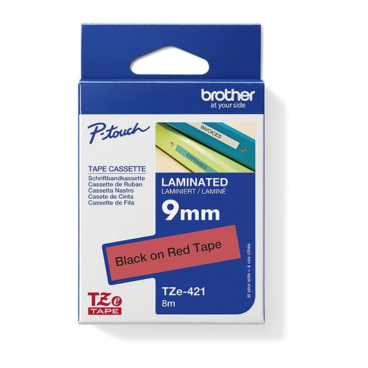 Brother TZe - 421 Labelling Tape - 9mm Black on Red - Cartridge West