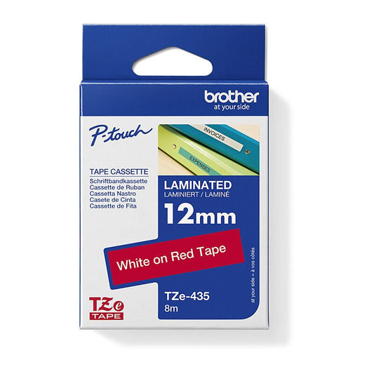 Brother TZe - 435 Labelling Tape - 12mm White on Red - Cartridge West