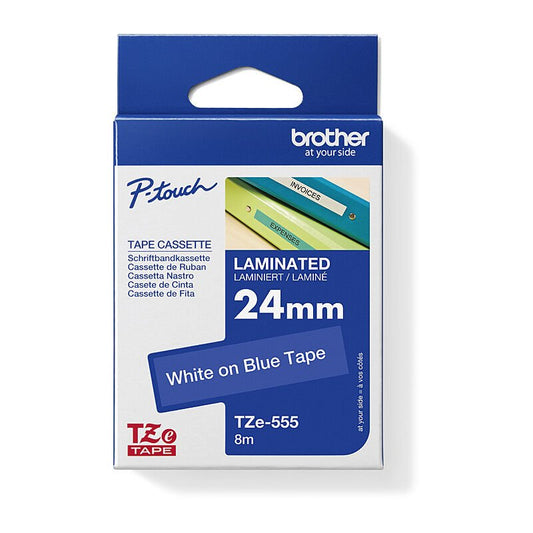 Brother TZe - 555 Labelling Tape - 24mm White on Blue - Cartridge West