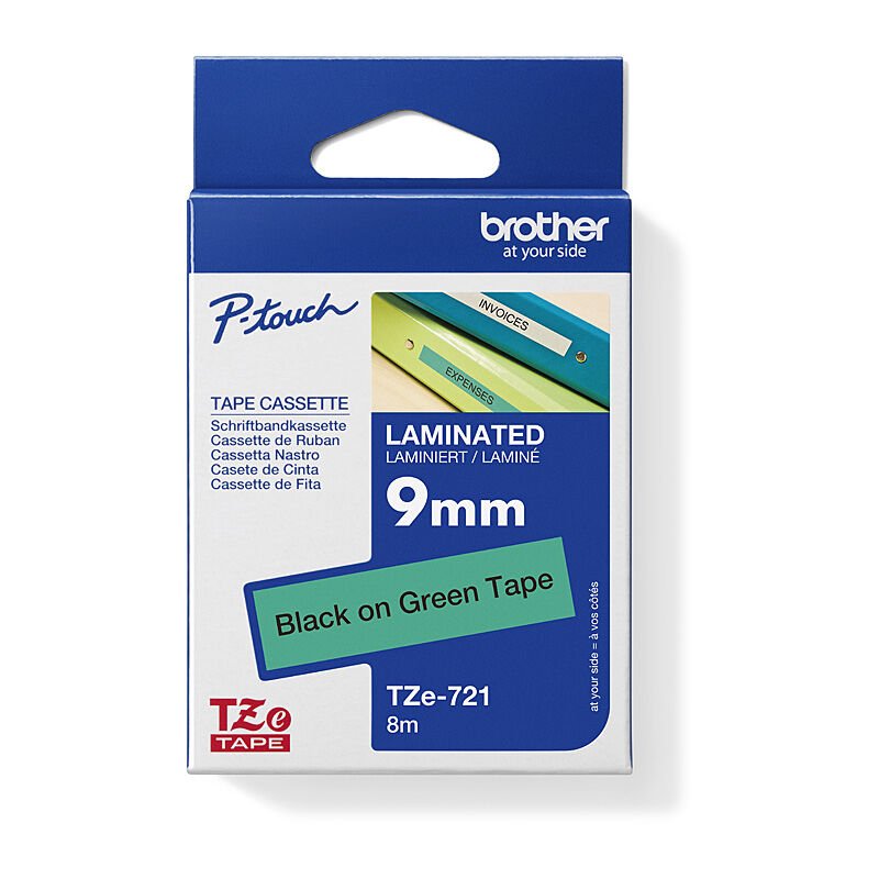 Brother TZe - 721 Labelling Tape - 9mm Black on Green - Cartridge West