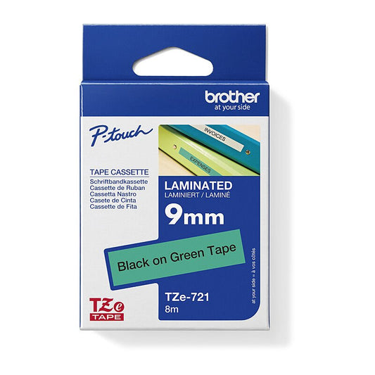 Brother TZe - 721 Labelling Tape - 9mm Black on Green - Cartridge West