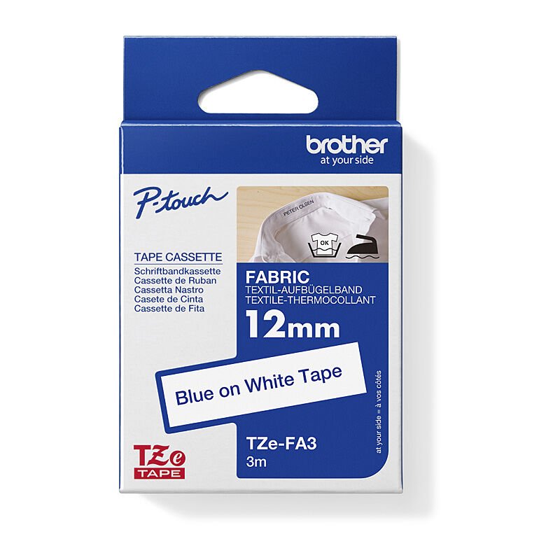 Brother TZe - FA3 Fabric Iron - On Tape - 12mm Blue on White - Cartridge West
