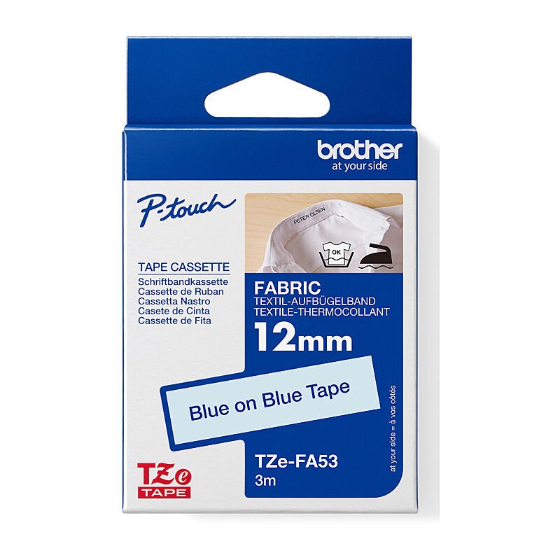 Brother TZe - FA53 Fabric Iron - On Tape - 12mm Blue on White - Cartridge West