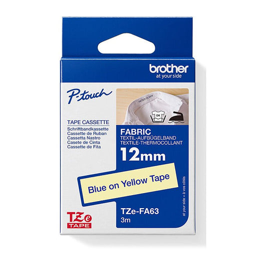 Brother TZe - FA63 Fabric Iron - On Tape - 12mm Blue on Yellow - Cartridge West
