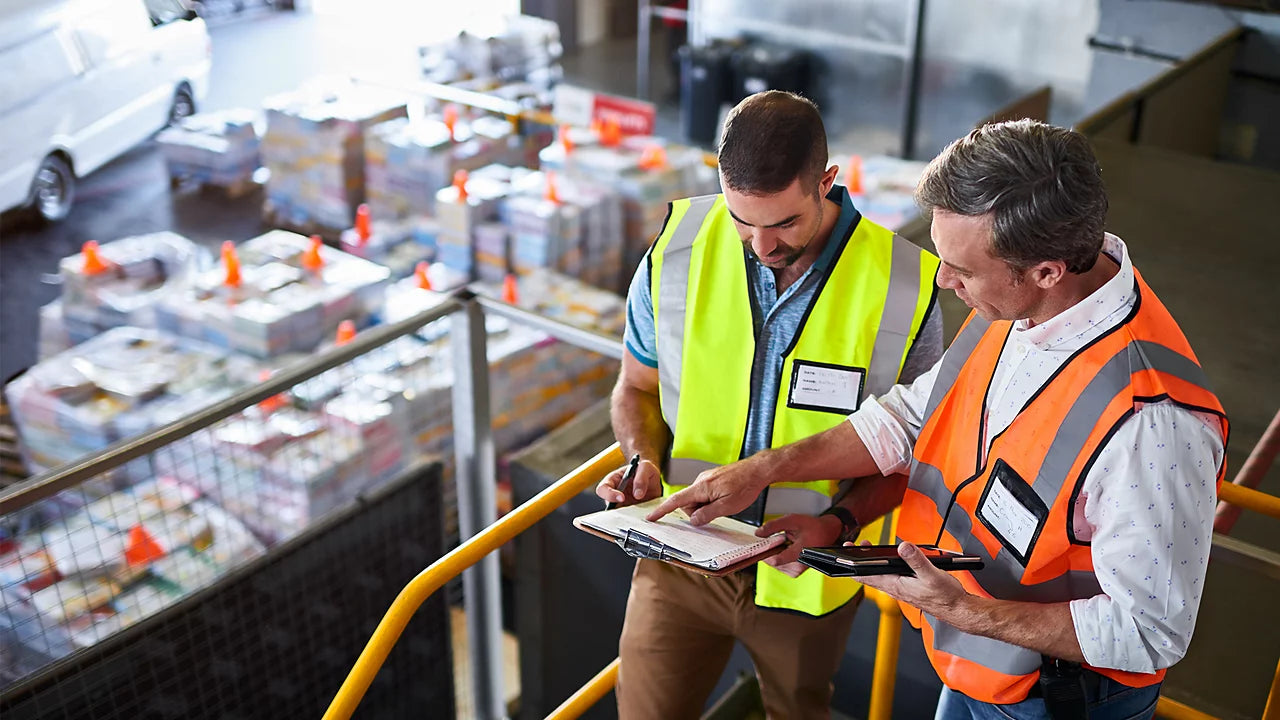 Two workers in a warehouse, one holding a tablet, the other in an orange safety vest, discussing.